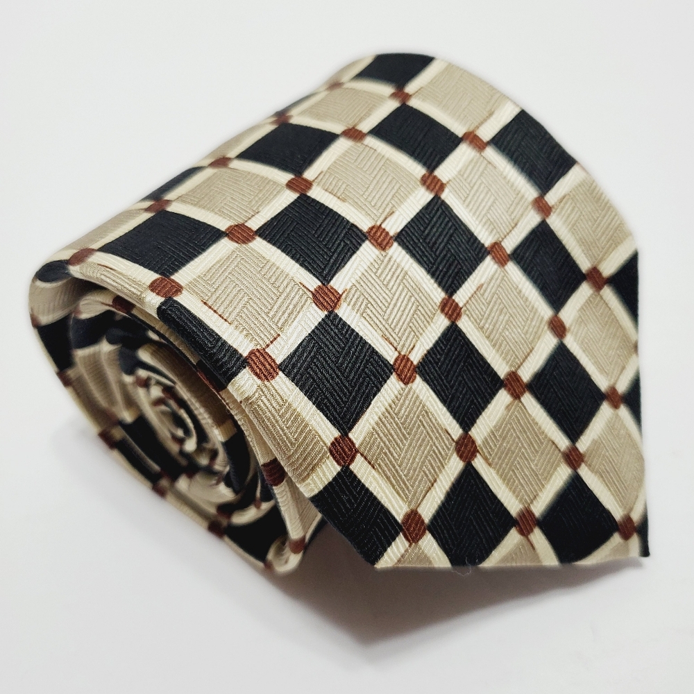 Enzo Felini Tan & Black Geometric Pattern Men's Silk Necktie 56x3.75"